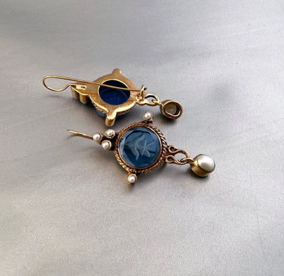 Blue Intaglio Cameo Earrings, Antique Victorian Style, Dainty Gold, photo 8