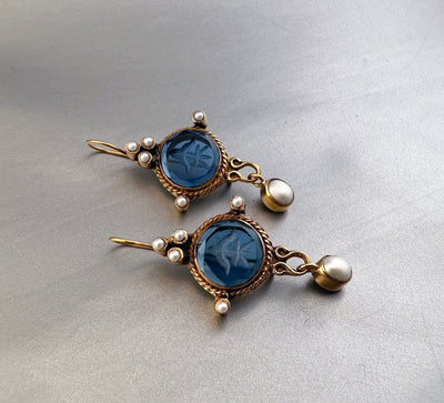 Blue Intaglio Cameo Earrings, Antique Victorian Style, Dainty Gold, photo 9