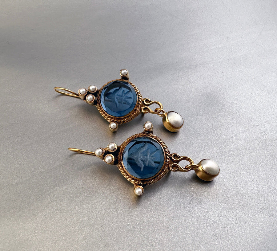Blue Intaglio Cameo Earrings, Antique Victorian Style, Dainty Gold, photo 9