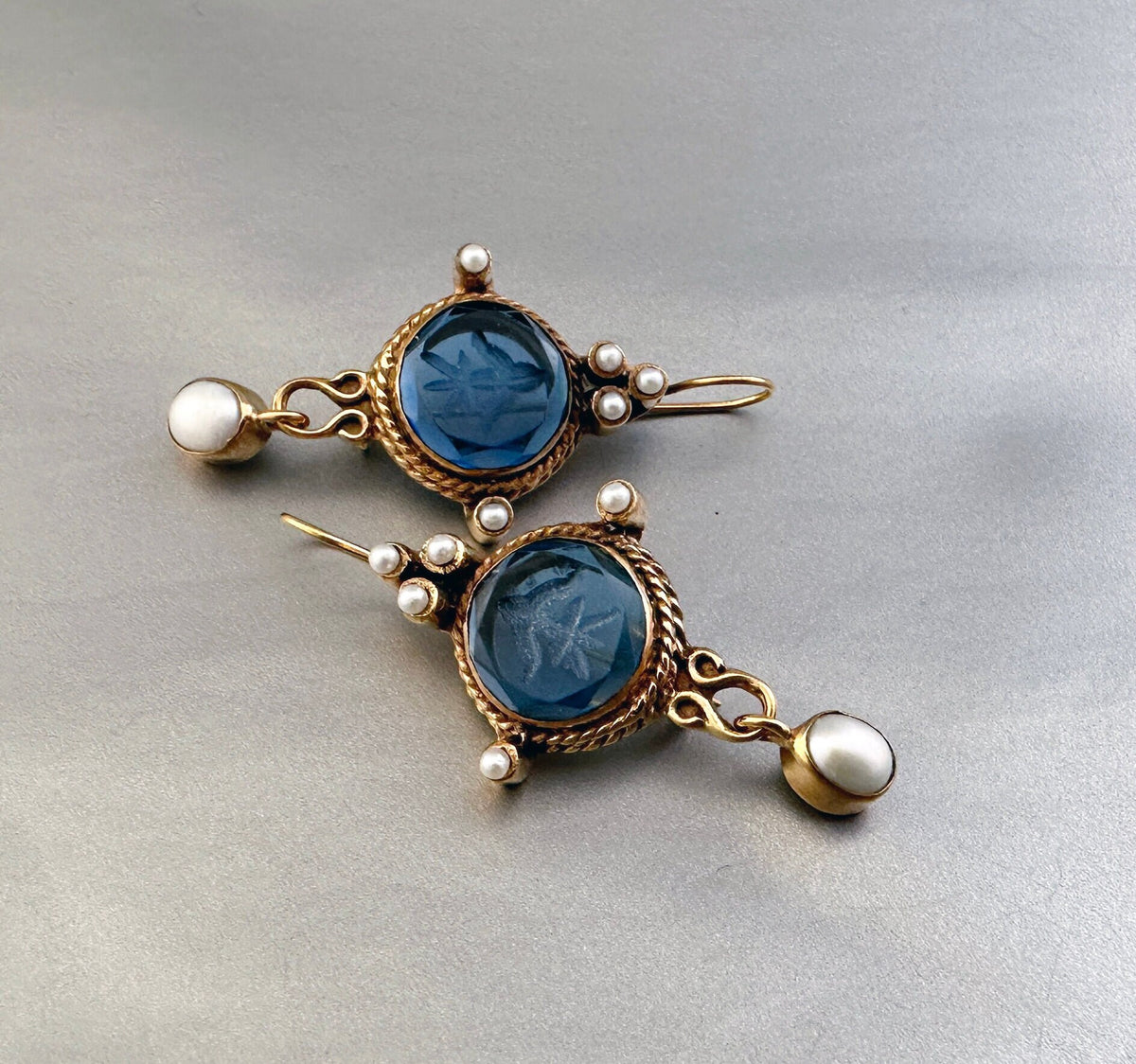 Blue Intaglio Cameo Earrings, Antique Victorian Style, Dainty Gold, photo 6