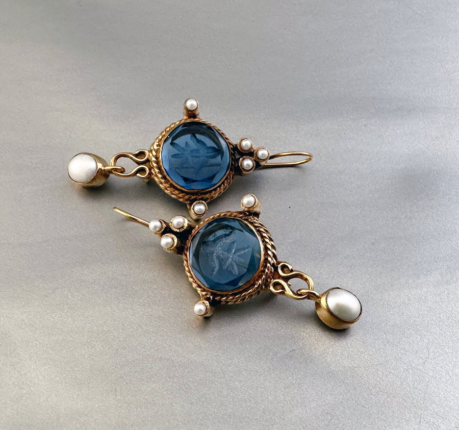Blue Intaglio Cameo Earrings, Antique Victorian Style, Dainty Gold, photo 6
