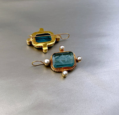 Blue Rectangular Intaglio Earrings, Something Blue Bridal, Gold Plated, photo 10