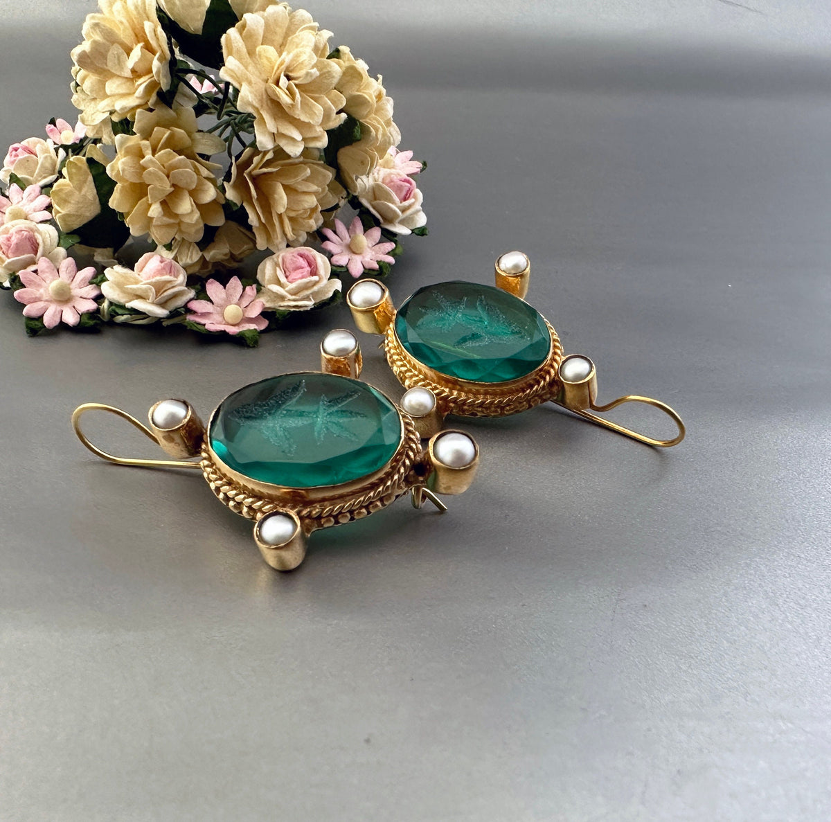 Green Glass Intaglio Earrings, Edwardian Style, Gold Vermeil with Pearls, photo 2