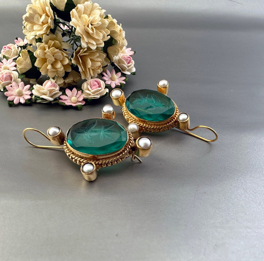 Green Glass Intaglio Earrings, Edwardian Style, Gold Vermeil with Pearls, photo 2