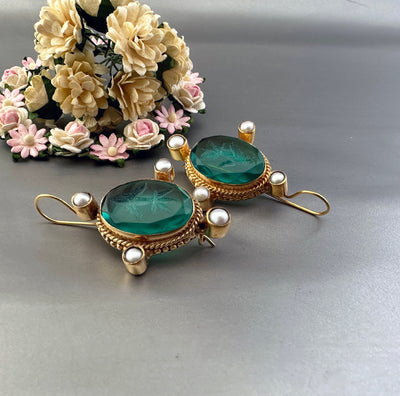 Green Glass Intaglio Earrings, Oval Pearl Accent, 18K Gold, photo 8