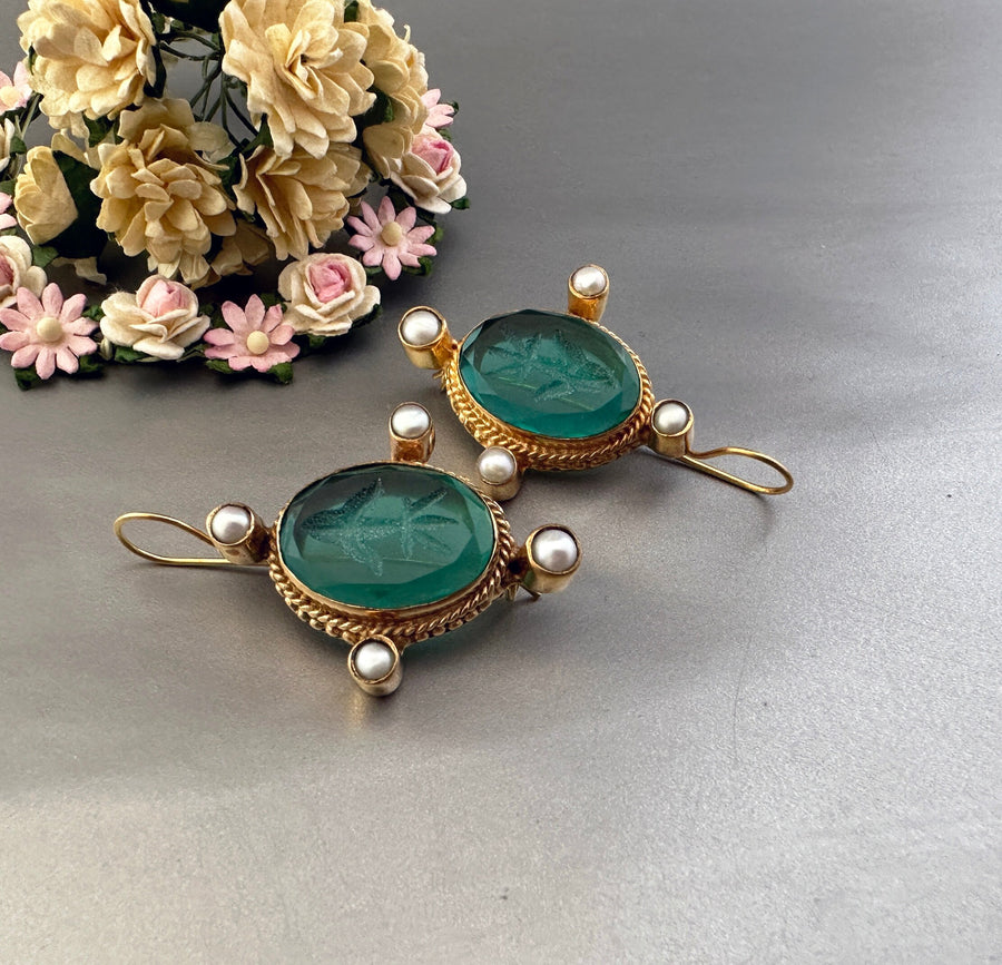 Green Glass Intaglio Earrings, Oval Pearl Accent, 18K Gold