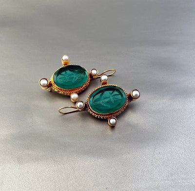 Green Glass Intaglio Earrings, Edwardian Style, Gold Vermeil with Pearls, photo 13