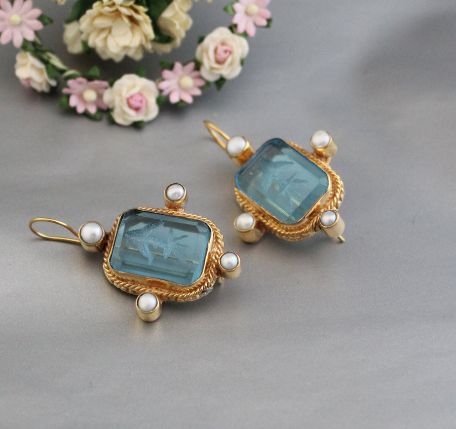 Blue Rectangular Intaglio Earrings, Something Blue Bridal, Gold Plated, photo 8