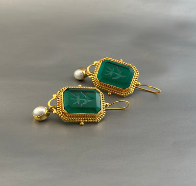 Green Intaglio Glass Drop Earrings, Victorian Style, Gold and Pearl, photo 12