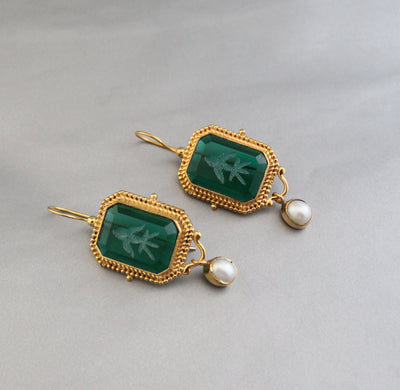 Green Intaglio Glass Drop Earrings, Victorian Style, Gold and Pearl, photo 11