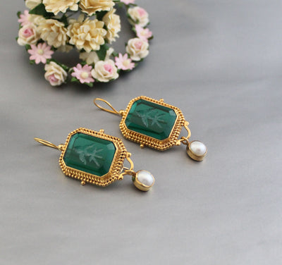 Green Intaglio Glass Drop Earrings, Victorian Style, Gold and Pearl, photo 2