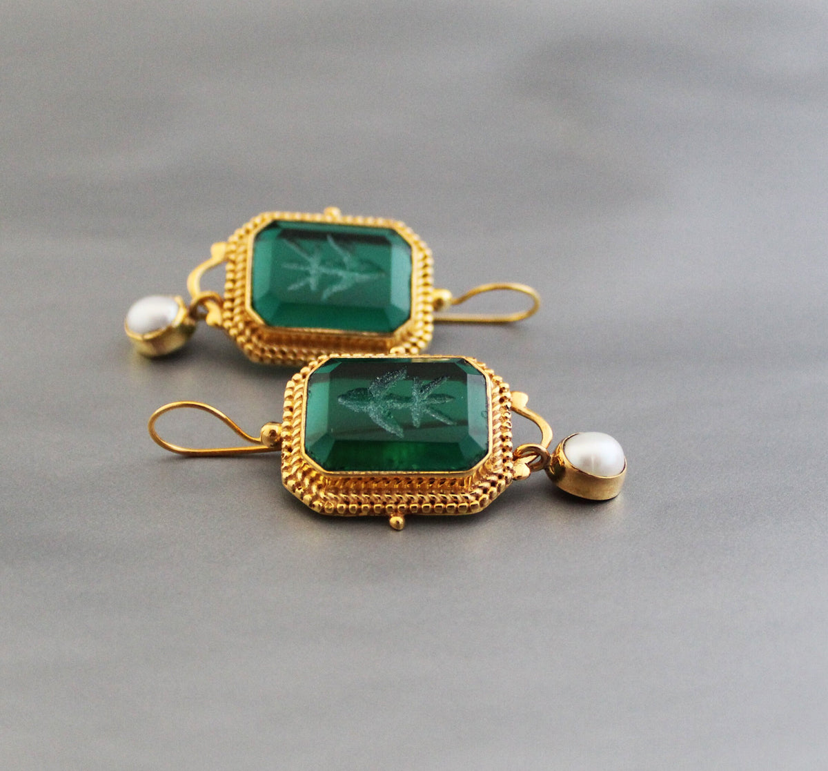 Green Intaglio Glass Drop Earrings, Victorian Style, Gold and Pearl, photo 13