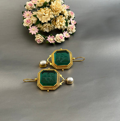 Green Intaglio Earrings, Edwardian Style, 18K Gold, photo 5
