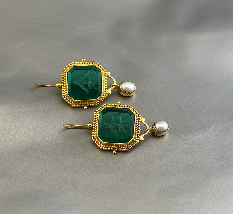 Green Intaglio Earrings, Edwardian Style, 18K Gold, photo 7