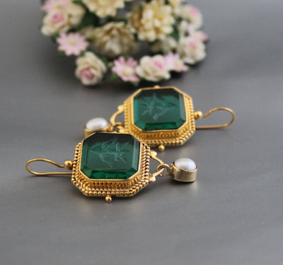 Green Intaglio Earrings, Edwardian Style, 18K Gold