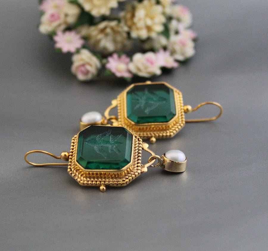 Green Intaglio Earrings, Edwardian Style, 18K Gold