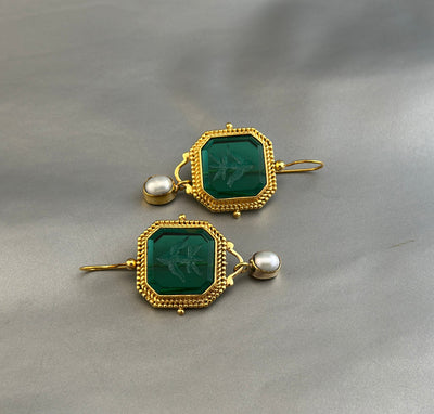 Green Intaglio Earrings, Edwardian Style, 18K Gold, photo 6