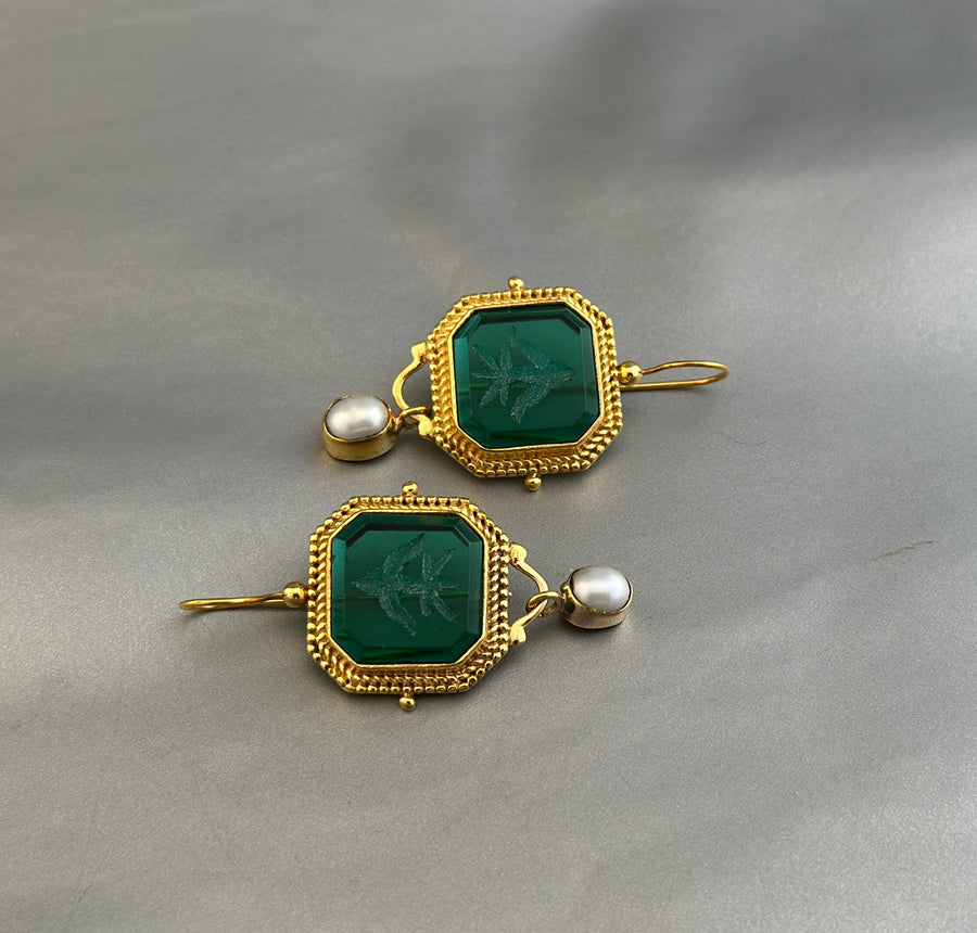 Green Intaglio Earrings, Edwardian Style, 18K Gold, photo 6