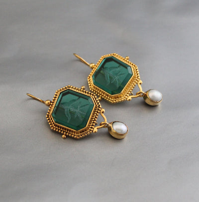Green Intaglio Earrings, Edwardian Style, 18K Gold, photo 9
