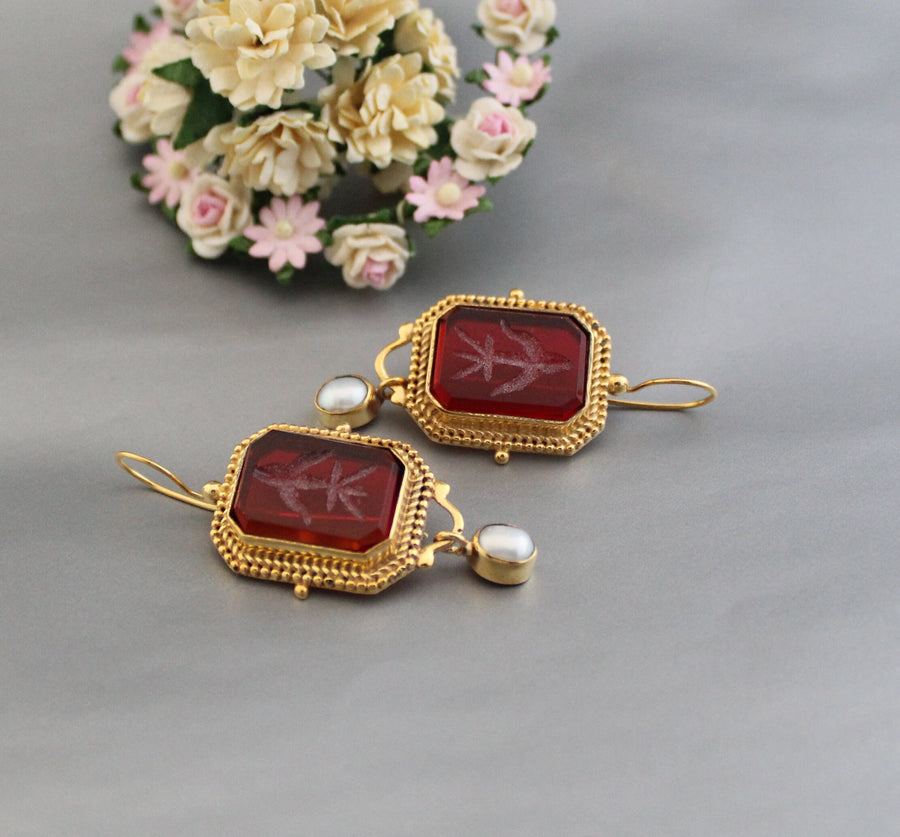 Red Glass Intaglio Earrings, Roman Style, 18K Gold, photo 4