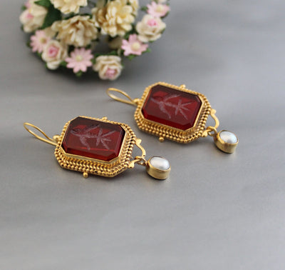 Red Glass Intaglio Earrings, Roman Style, 18K Gold