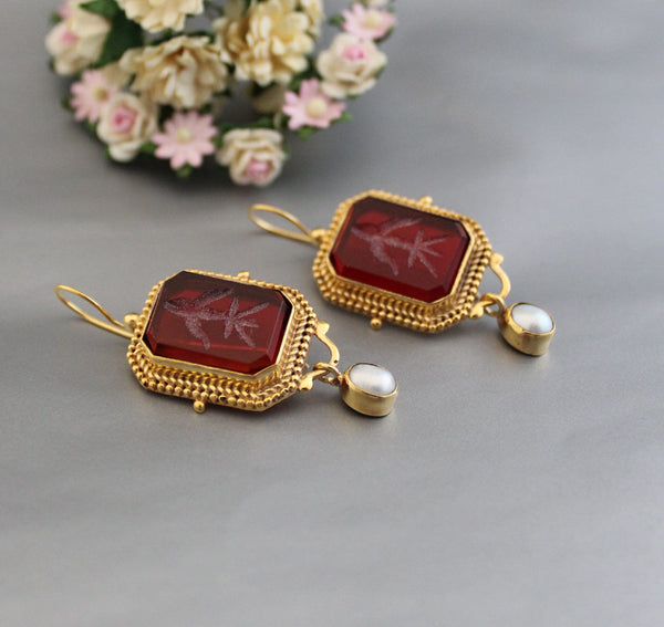 Red Glass Intaglio Earrings, Roman Style, 18K Gold