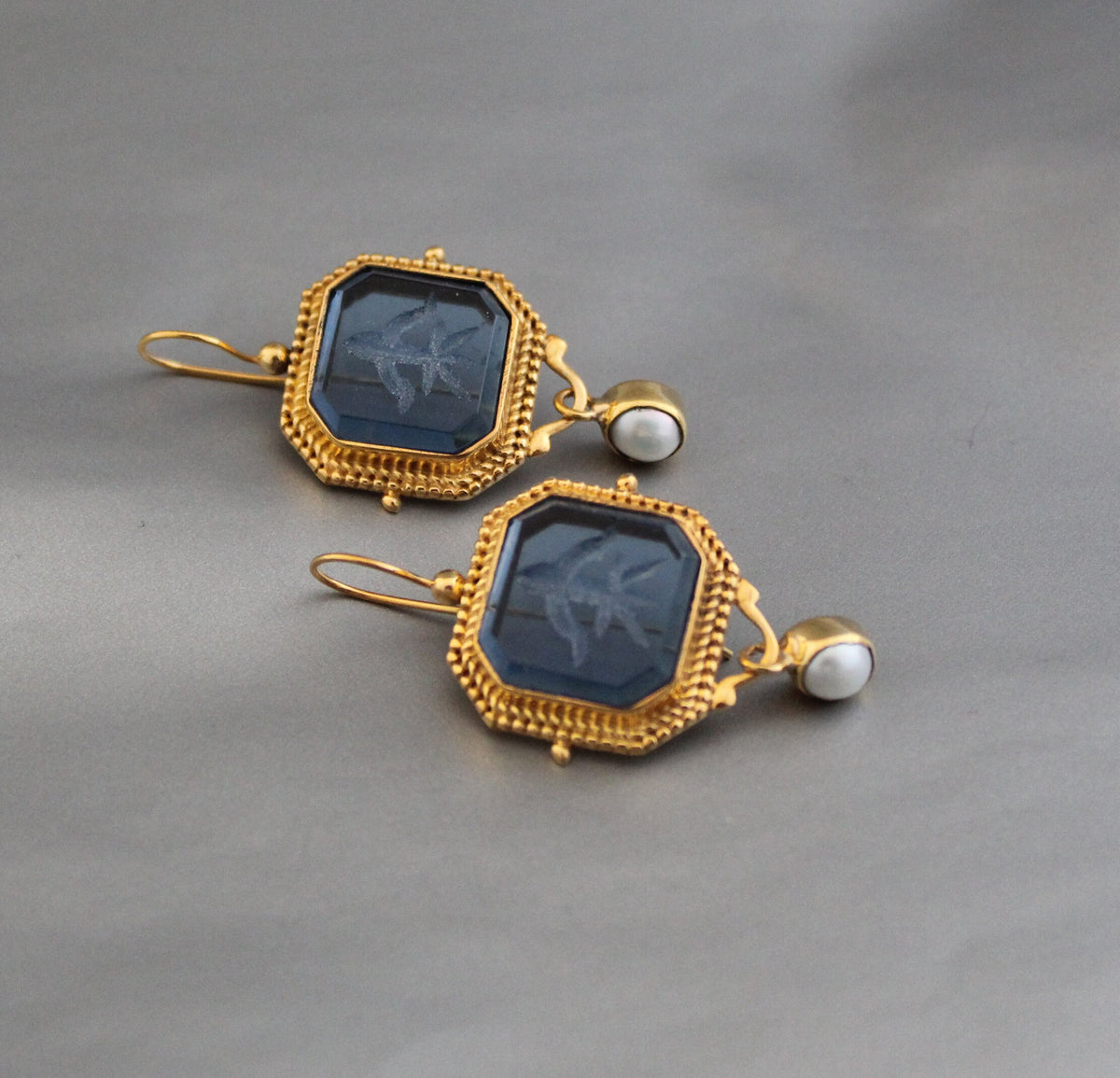 Blue Glass Intaglio Statement Earrings, Victorian Style, photo 6