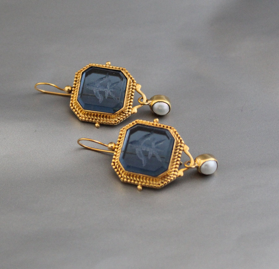 Blue Glass Intaglio Statement Earrings, Victorian Style, photo 6