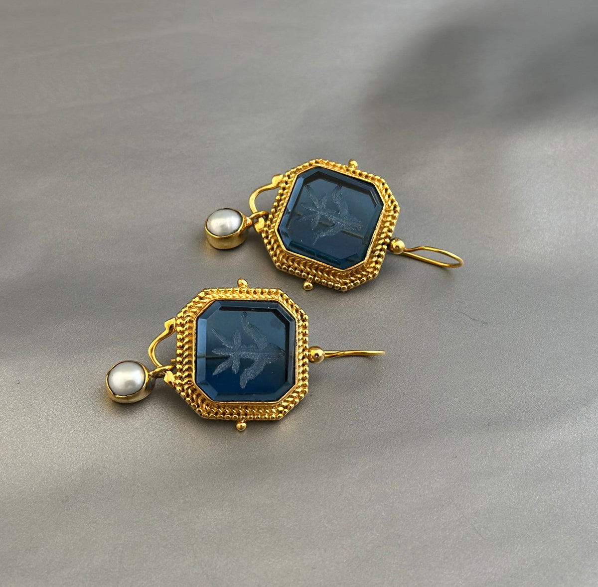 Blue Glass Intaglio Statement Earrings, Victorian Style, photo 9