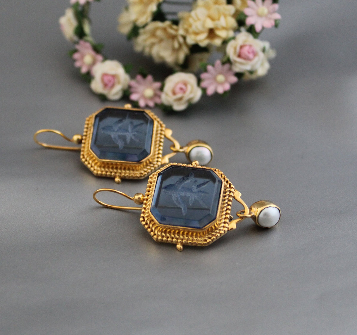 Blue Glass Intaglio Statement Earrings, Victorian Style, photo 5