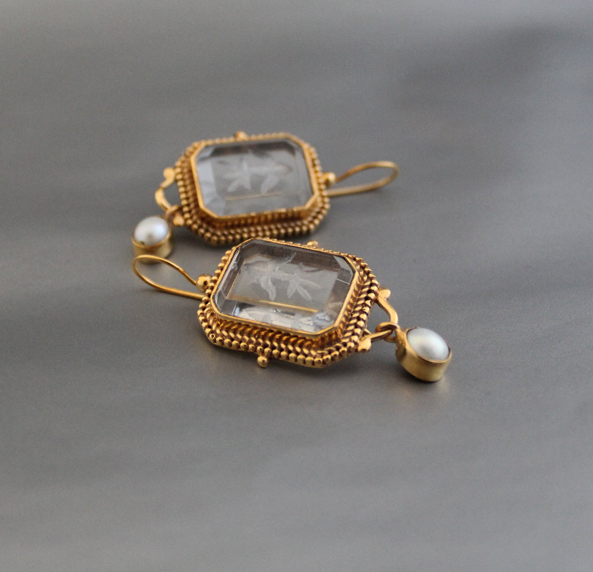 Clear Intaglio Earrings, Vintage Victorian Style, Brass
