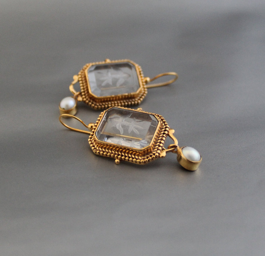 Clear Intaglio Earrings, Vintage Victorian Style, Brass