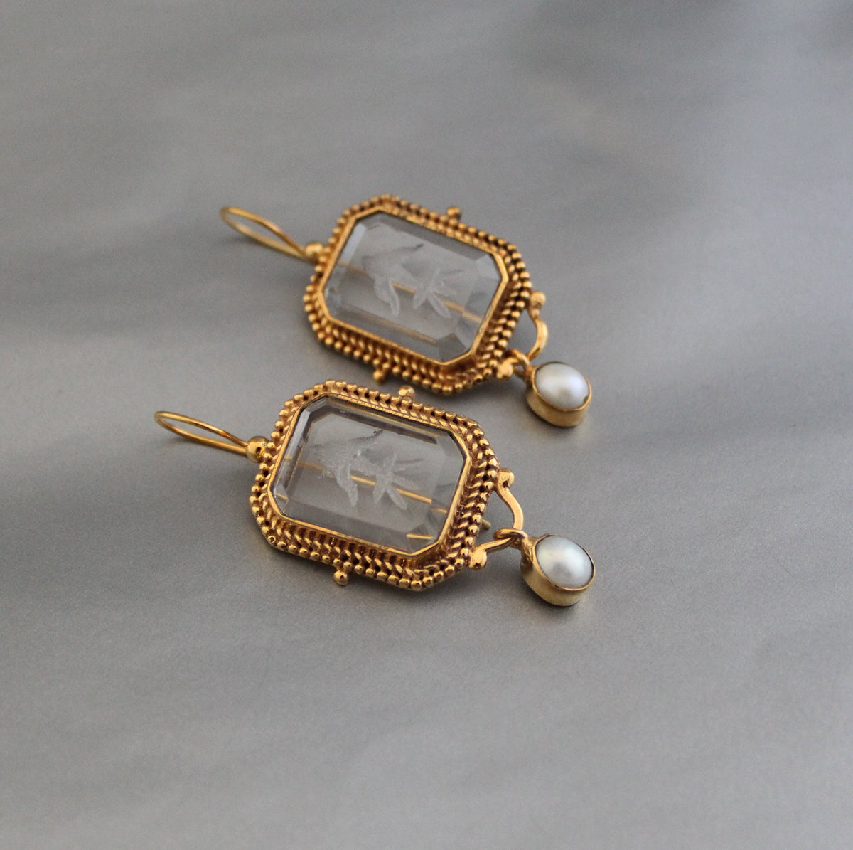 Clear Intaglio Earrings, Vintage Victorian Style, Brass, photo 7