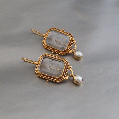 Clear Intaglio Earrings, Vintage Victorian Style, Brass, photo 7