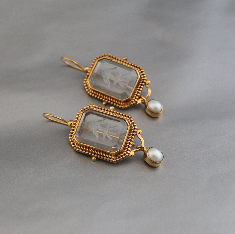Clear Intaglio Earrings, Vintage Victorian Style, Brass, photo 7