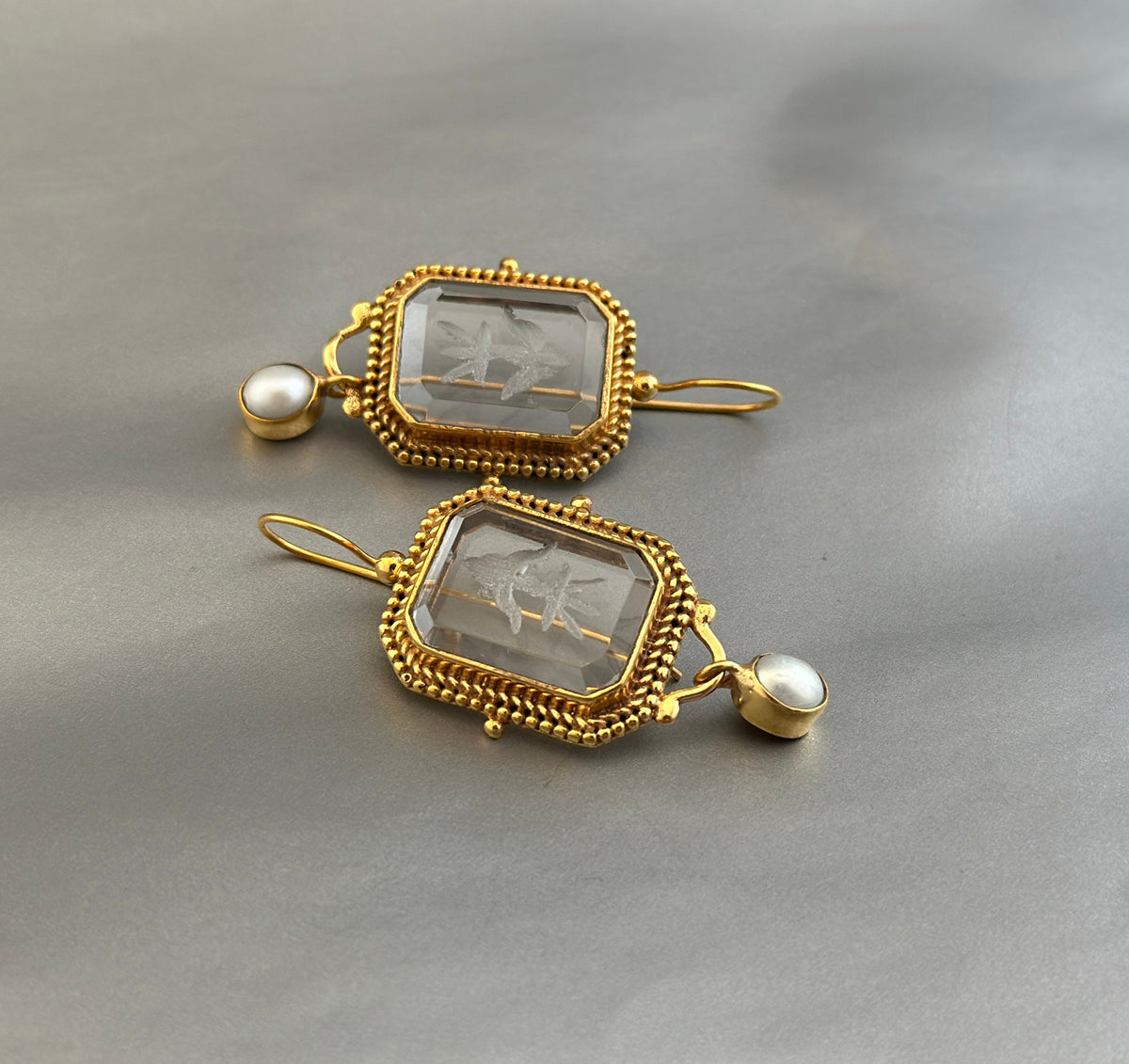 Clear Intaglio Earrings, Vintage Victorian Style, Brass, photo 4
