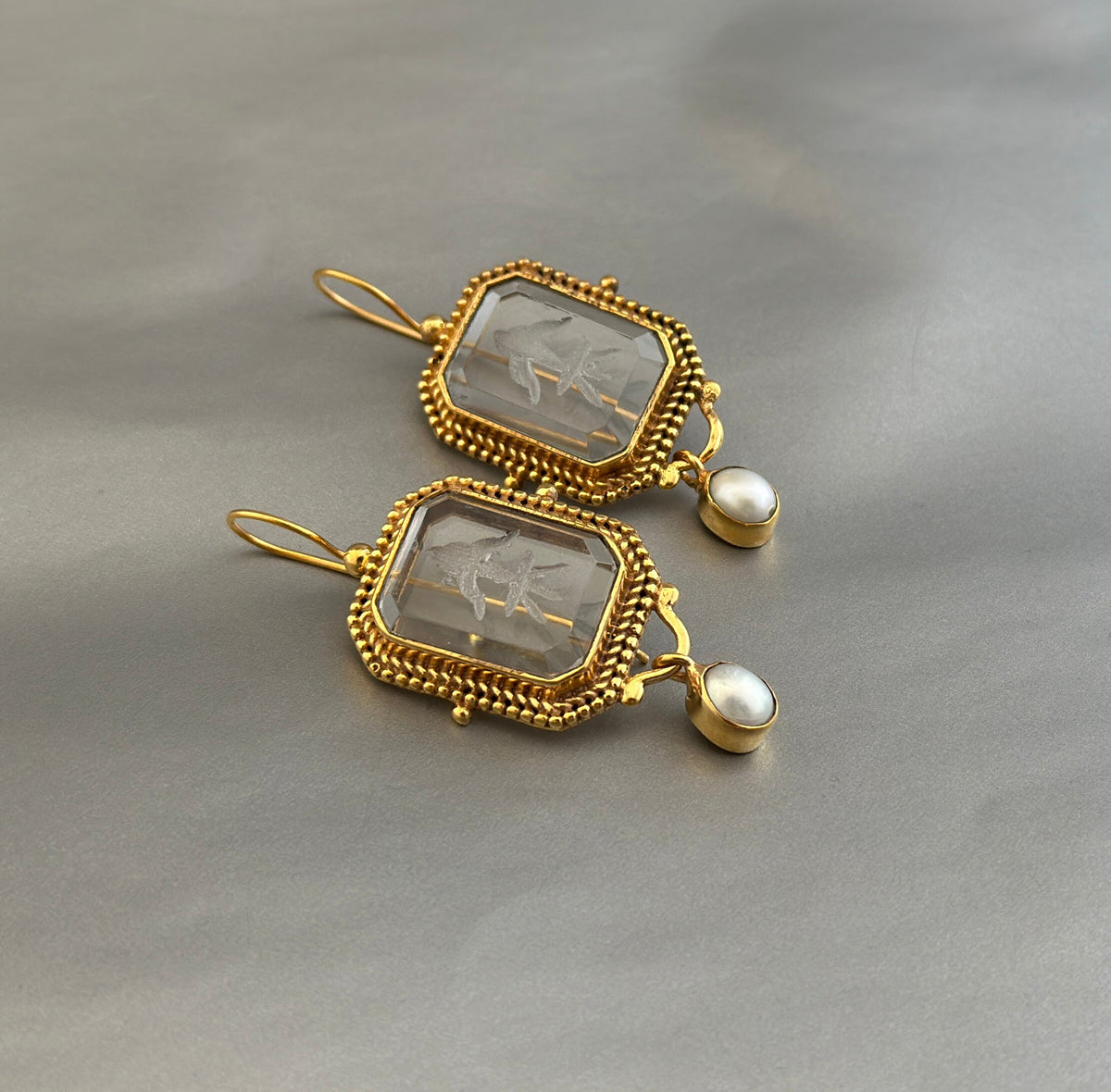 Clear Intaglio Earrings, Vintage Victorian Style, Brass, photo 10