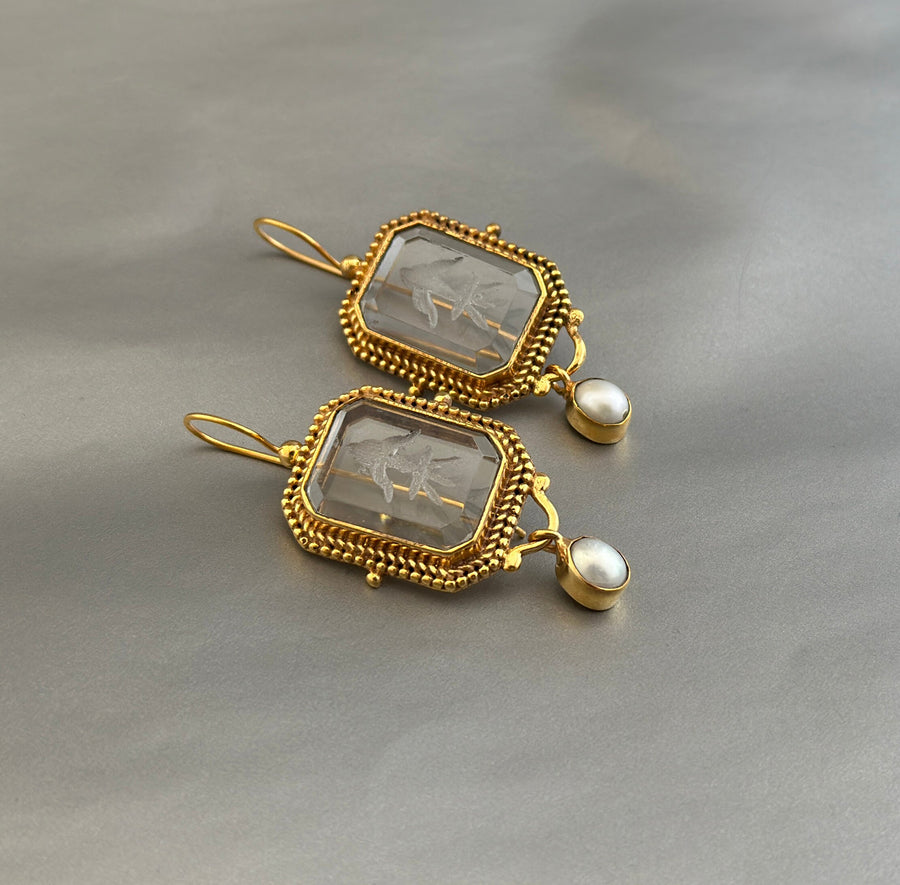 Clear Intaglio Earrings, Vintage Victorian Style, Brass, photo 10