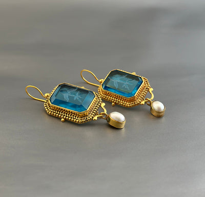 Blue Glass Intaglio Earrings, Victorian Bridal Pearl Dangles, Gold, photo 10