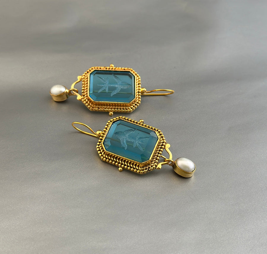 Blue Glass Intaglio Earrings, Victorian Bridal Pearl Dangles, Gold, photo 5