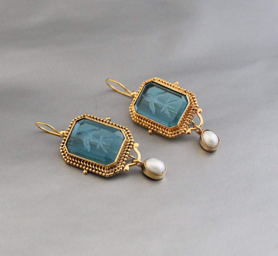 Blue Glass Intaglio Earrings, Victorian Bridal Pearl Dangles, Gold, photo 13