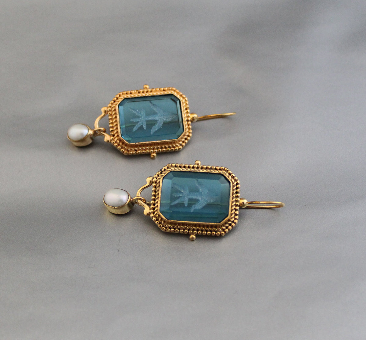 Blue Glass Intaglio Earrings, Victorian Bridal Pearl Dangles, Gold, photo 11