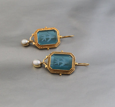 Blue Glass Intaglio Earrings, Victorian Bridal Pearl Dangles, Gold, photo 11