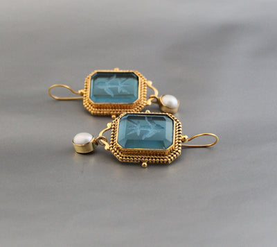 Blue Glass Intaglio Earrings, Victorian Bridal Pearl Dangles, Gold, photo 12