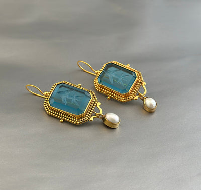 Blue Glass Intaglio Earrings, Victorian Bridal Pearl Dangles, Gold, photo 7