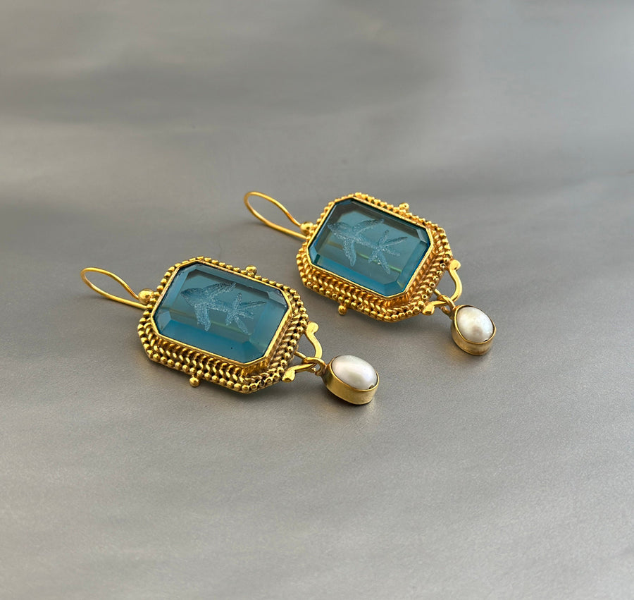 Blue Glass Intaglio Earrings, Victorian Bridal Pearl Dangles, Gold, photo 7