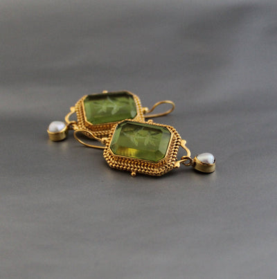 Green Intaglio Earrings, Edwardian Style, Dainty Gold, photo 7