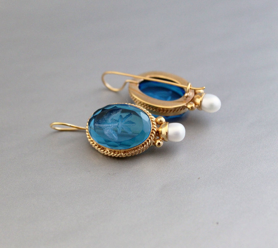 Blue Glass Intaglio Earrings, Vintage Victorian Style, 18K Gold, photo 8