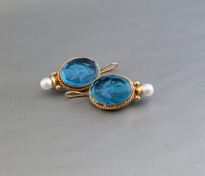 Blue Glass Intaglio Earrings, Vintage Victorian Style, 18K Gold, photo 5