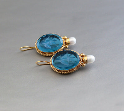 Blue Glass Intaglio Earrings, Vintage Victorian Style, 18K Gold, photo 6